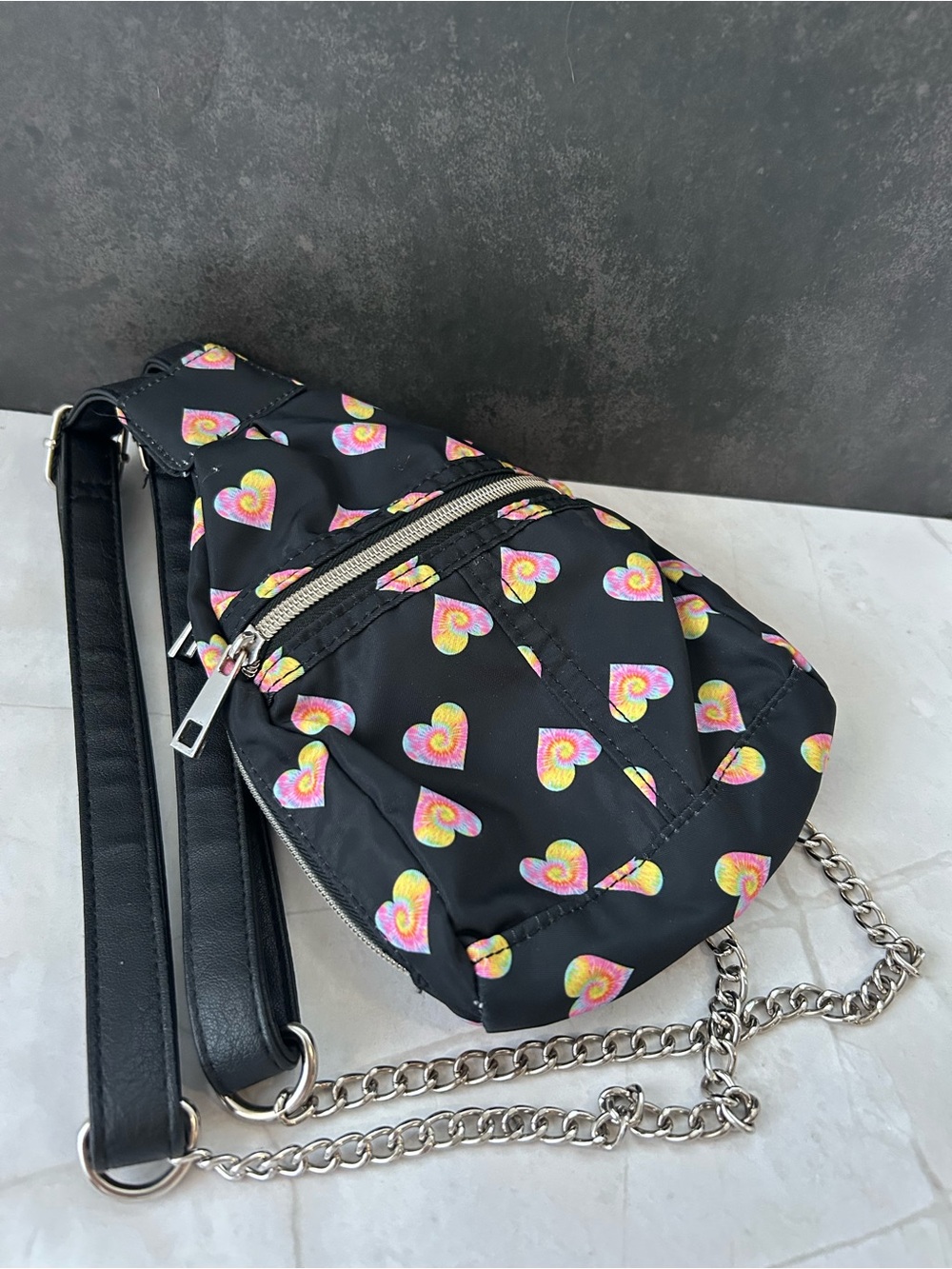 Black Heart Print Crossbody Sling Bag